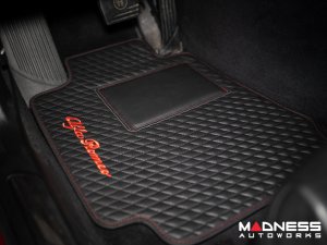 Alfa Romeo Giulia Floor Mats - Italian Leather - Front + Rear Set - Black w/ Red Stitching